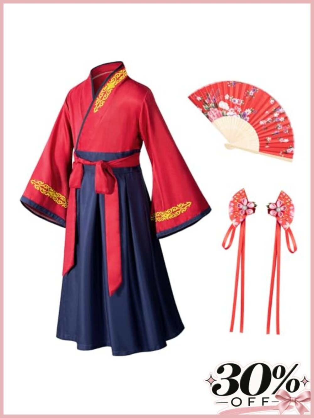 Girls Kimono Robe Costume Set with Folding Fan and Hairstick Polyester